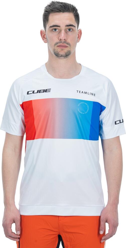 Camiseta de cuello redondo CUBE Teamline de manga corta, color blanco, azul y rojo